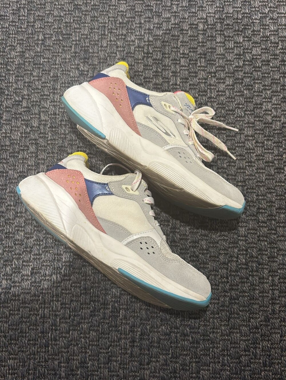Skechers Women's White Gray Sneakers with Pink, Yellow & Navy Accents